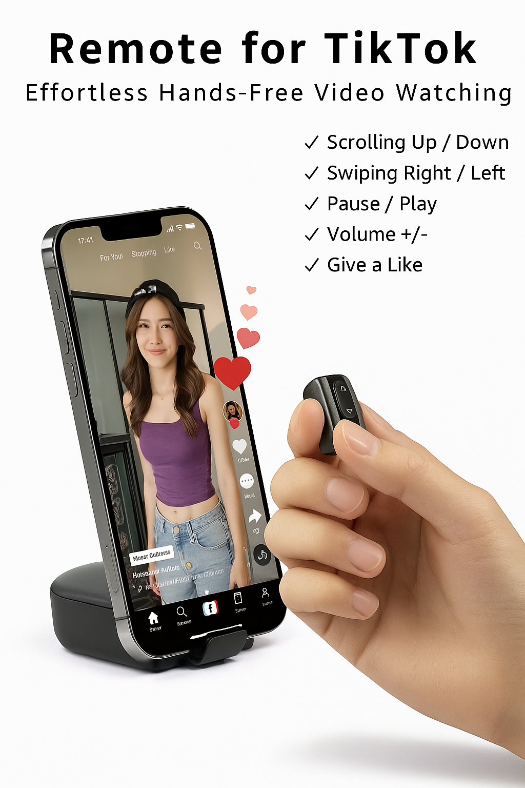 Smart Bluetooth Remote Ring for TikTok – hands-free video control with scroll, swipe, pause, volume, and like functions.