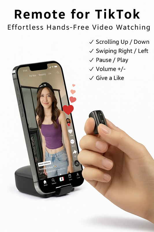 Smart Bluetooth Remote Ring for TikTok – hands-free video control with scroll, swipe, pause, volume, and like functions.